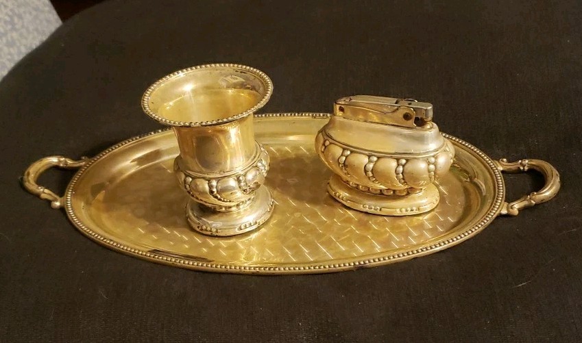 Ronson Crown Table Top Silver Plate Tray & Lighter & Cigarette Holder Set