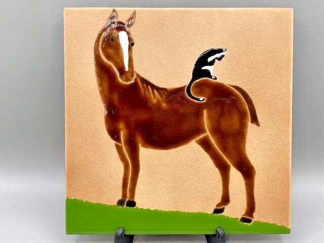 Ceramic Hand Painted Horse with Cat Tile Trivet 7.75" Square EUC