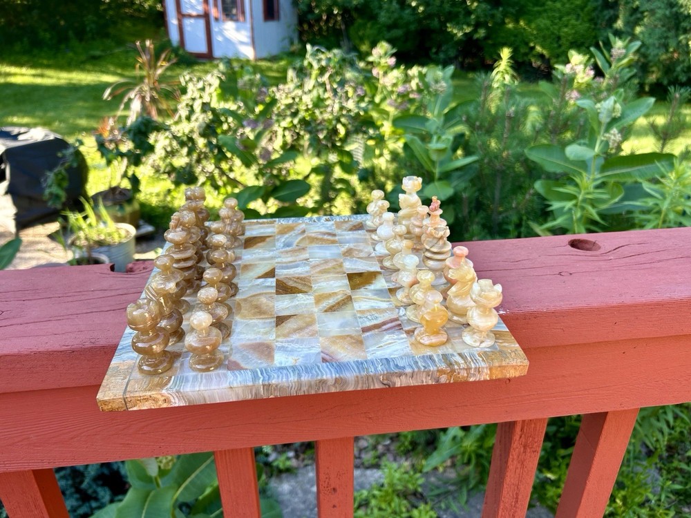 Vintage Brown & Grey All Marble Stone Square Complete Chess Set.  Heavy