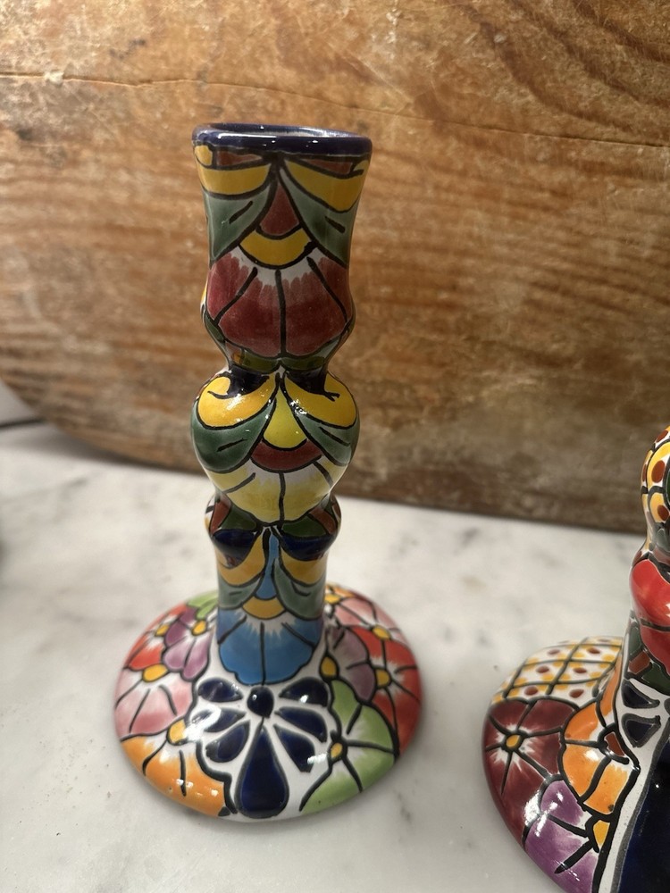Pair of Mexican Pottery Ceramic Candlesticks