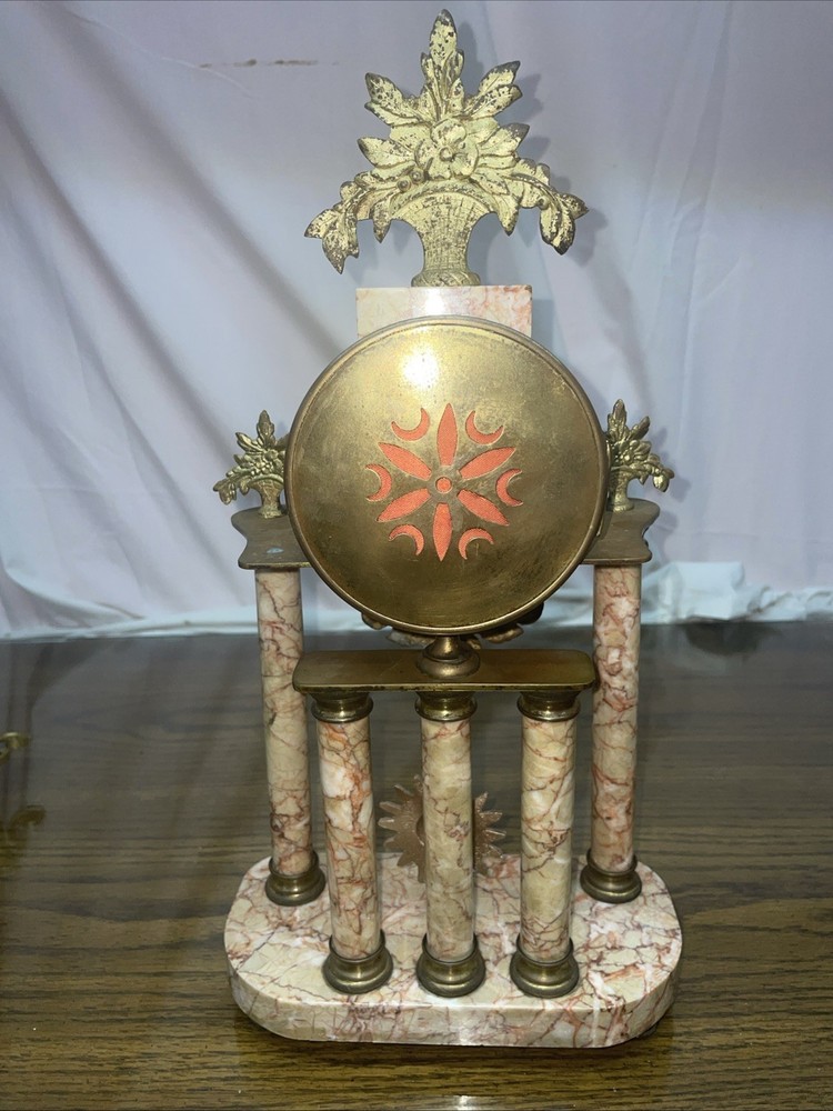 French Marble and Ormulo 5 Column Portico Clock Selsi Paris Three Piece Set