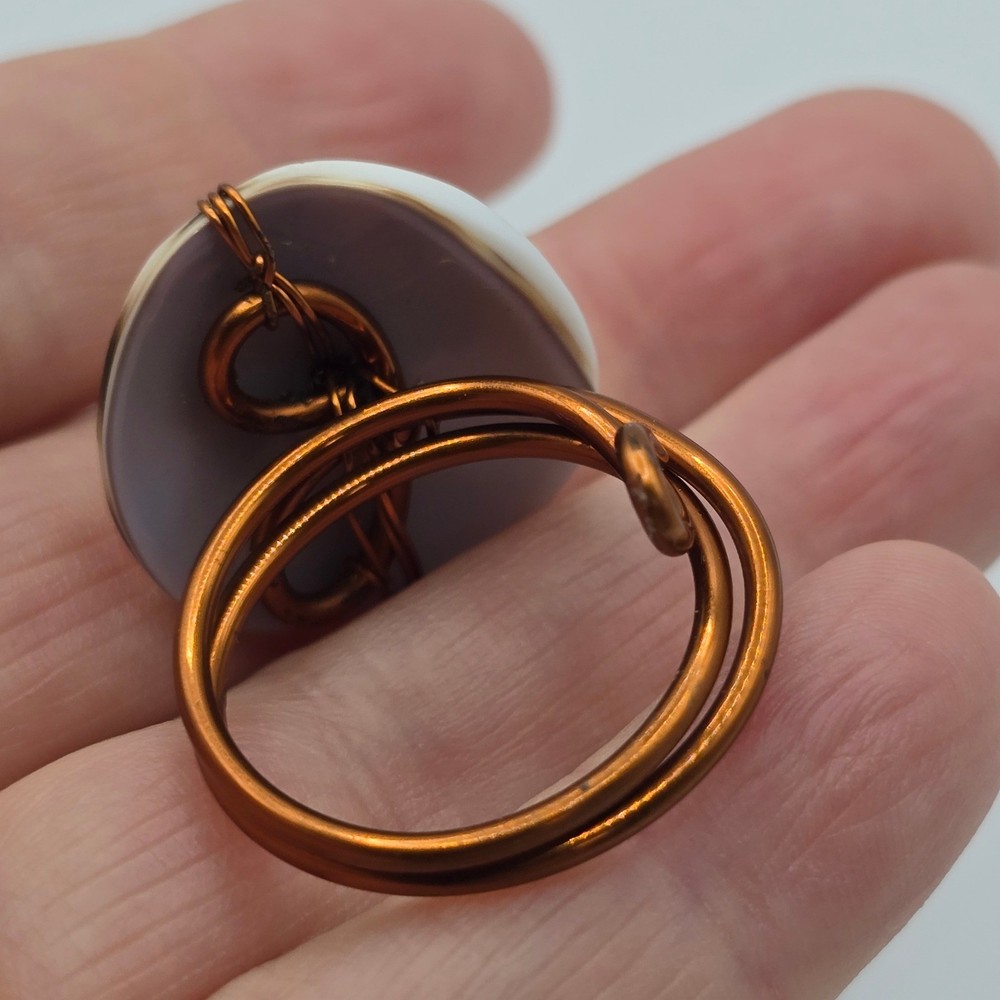 Handmade Shell Wire Wrapped Ring Women Size 8.5 White Brown Copper Boho