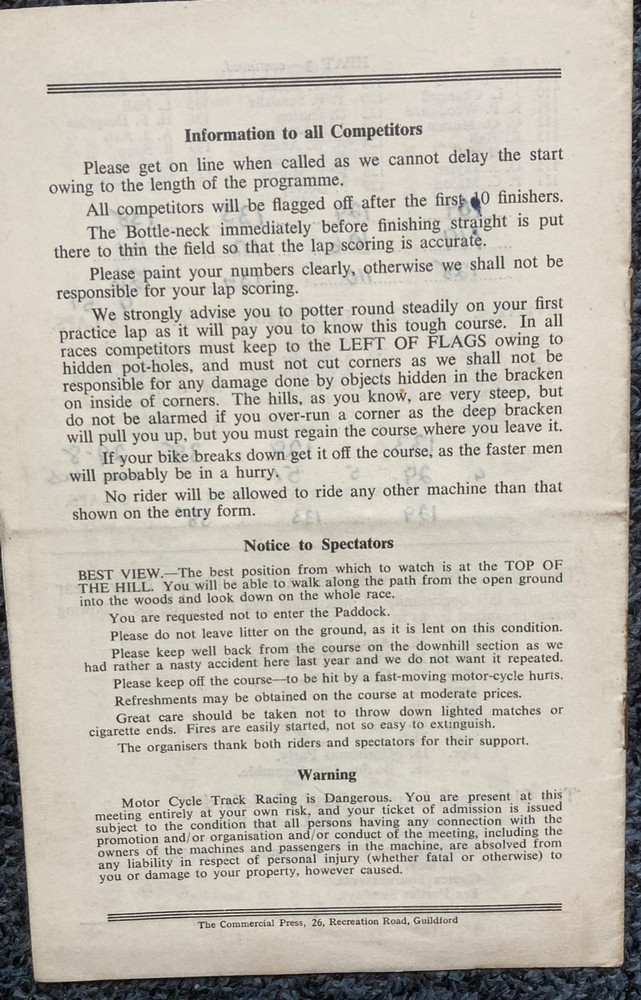 Motor cycle racing programme Boxing Day Scramble Dunsfold 26th December 1951