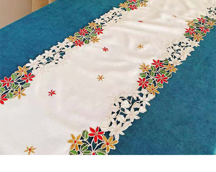 Pretty Red Golden Thread Flower Embroidery Cutwork Ivory Table Runner XL