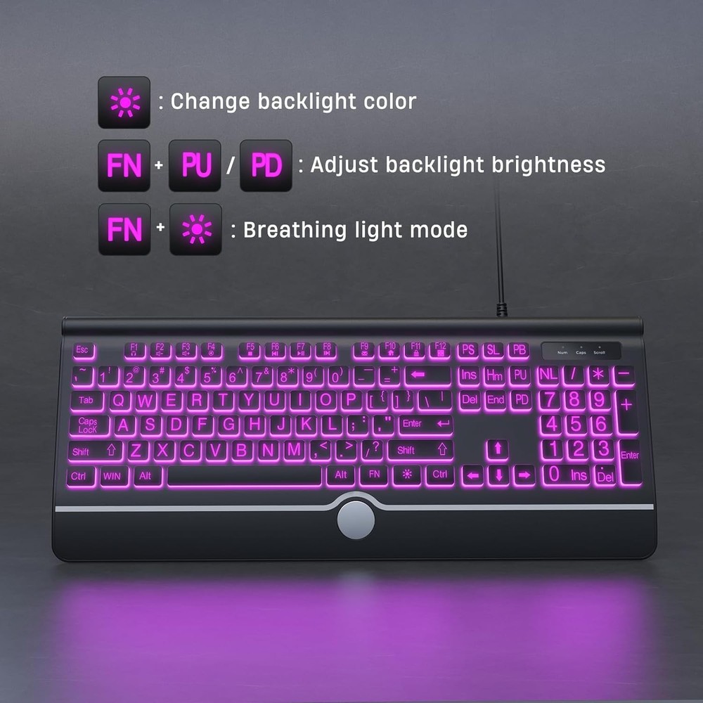 Large Print Backlit Computer Keyboard, USB Full Size Wired large print, black