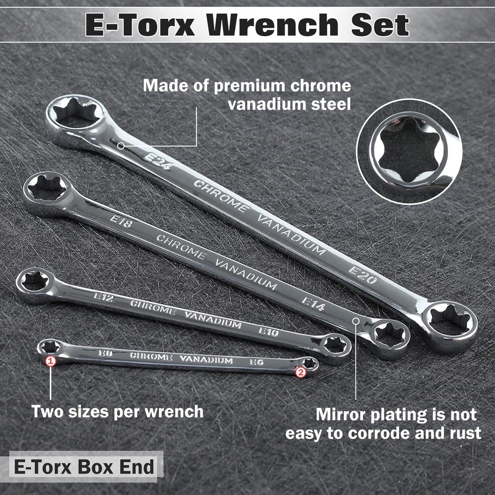 4 PCS E-Torx Wrench Set Double Box End Star Spanner E6-E24 Extra Long Tool