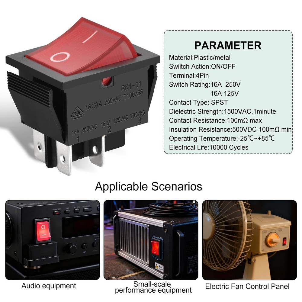 Heschen Rocker Switch ON-Off DPST 4 Terminals Red Light 16A 2 Piece,