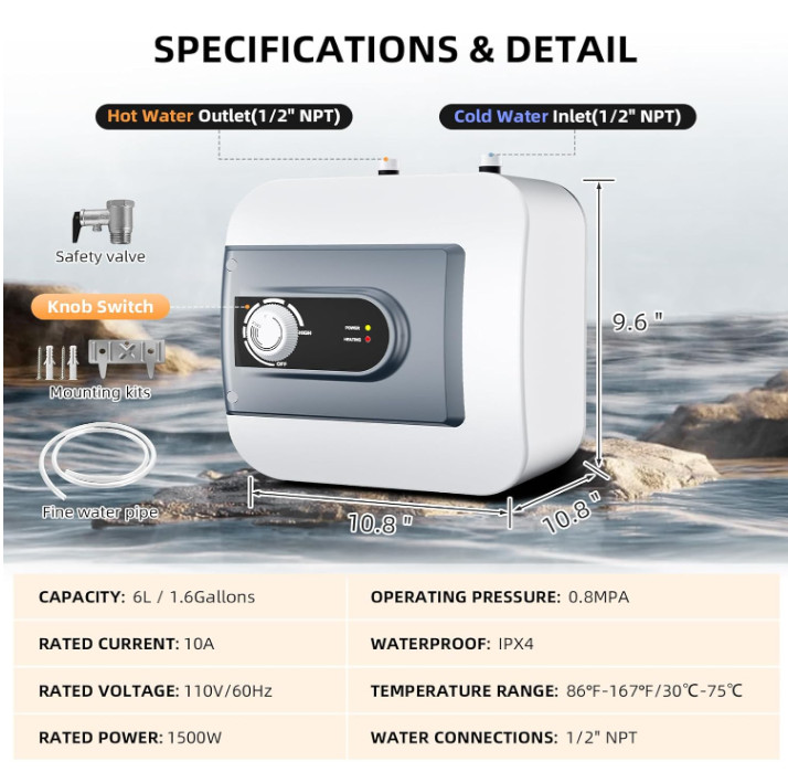 Calentador de Agua Mini 1.6 Gal 1500W Bajo Fregadero Cocina Baño RV. Nuevo