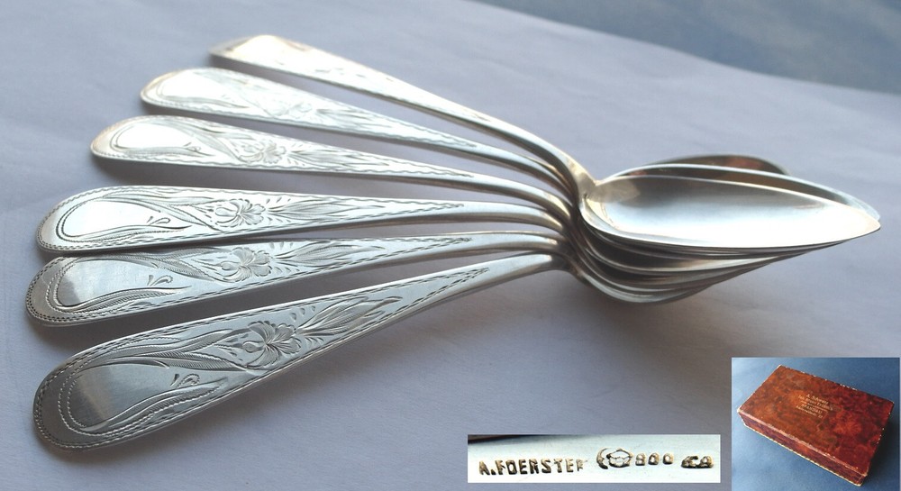 Set 6 Spoons A. FOERSTER Hand-Engraved 800 Silver around 1900 E553