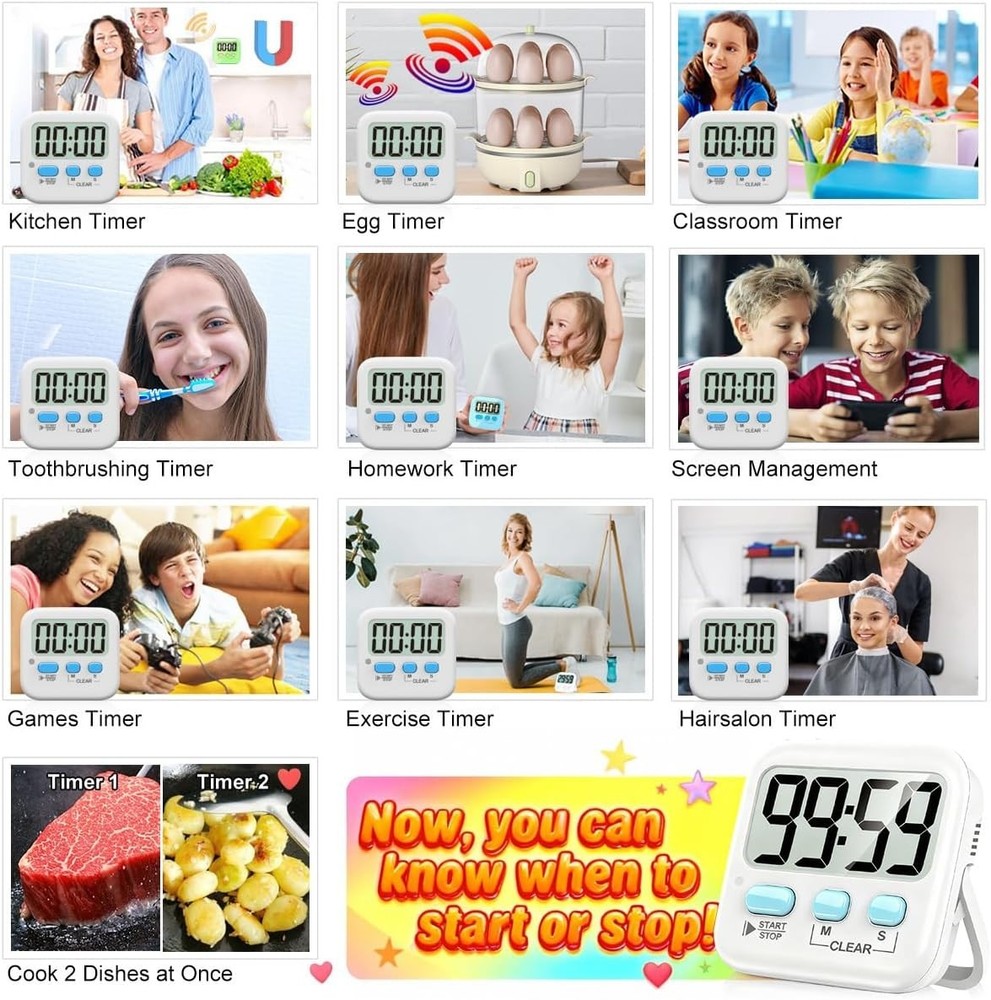 2 Pack Digital Timer for Kids, Magnetic Countdown Kitchen Classroom Timers