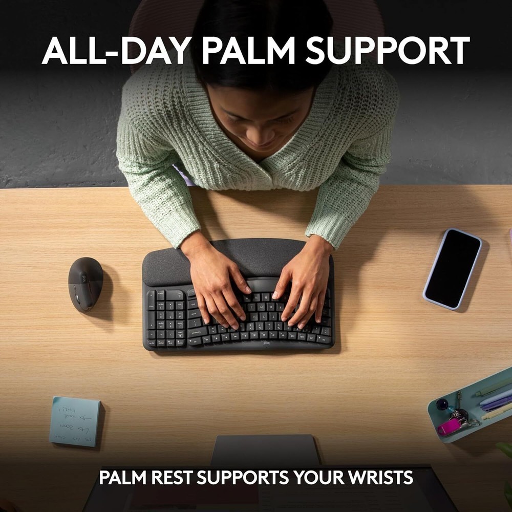 Logitech Wave Keys Wireless Ergonomic Keyboard with Cushioned Palm Rest Graphite