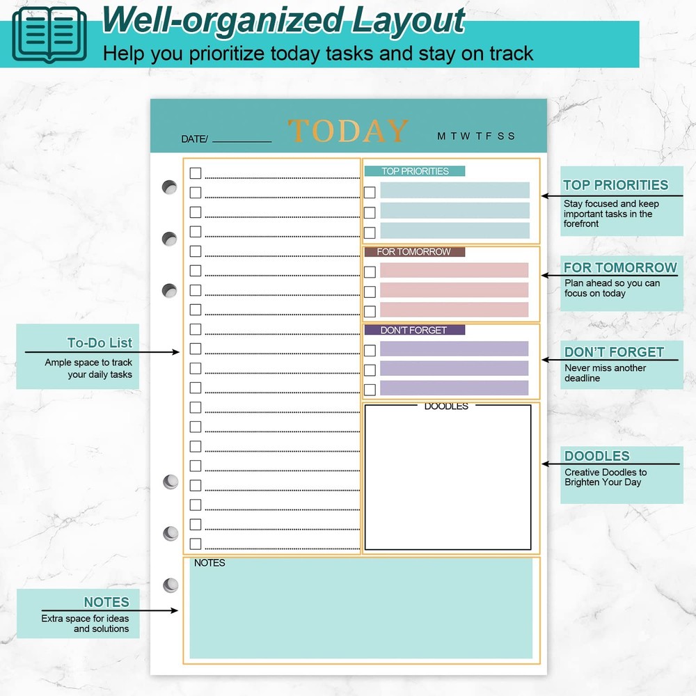 A5 Refill Paper Planner Inserts, 3 Pack 6 Holes Loose Leaf Green