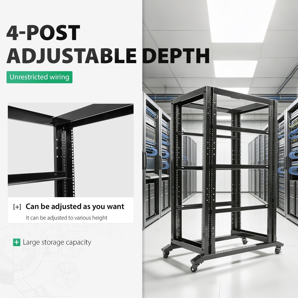 27U 4 Post Open Frame Server Rack Network 22" Adjustable Depth W/ Casters