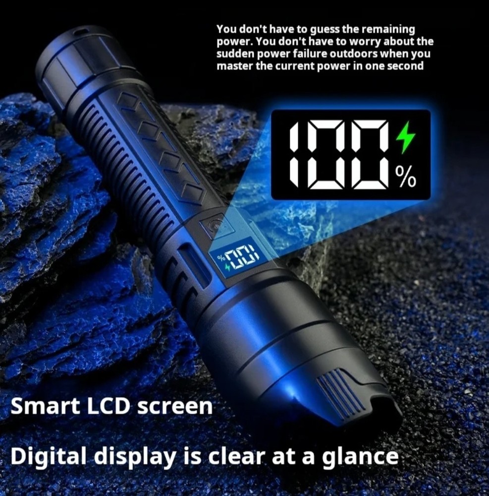 Led Flashlight With Display Light Type C USB Charging Built-in Battery