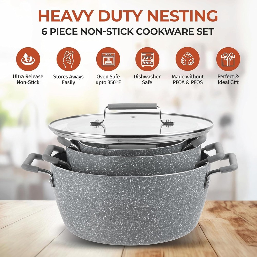 Granitestone Gray Pots and Pans Set Nonstick 6 Stackable Piece Cooking Kitchen