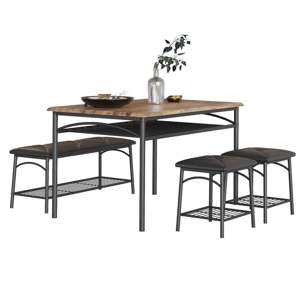 4pcs Dining Set for Small Spaces Kitchen Table w/ Upholstered Bench & 2 Stools