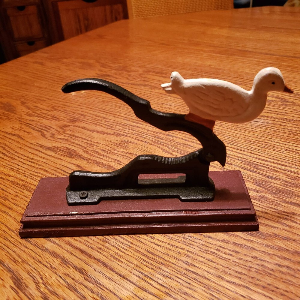 Vintage Cast Iron Duck Nutcracker With Wood Base Rustic Country Decor
