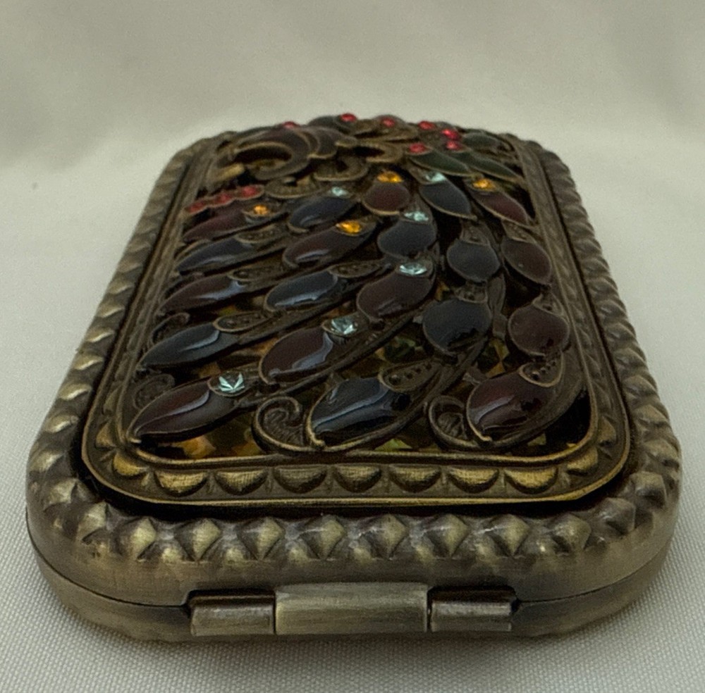 Antique style rectangle compact Purse mirror Peacock design metal multicolored