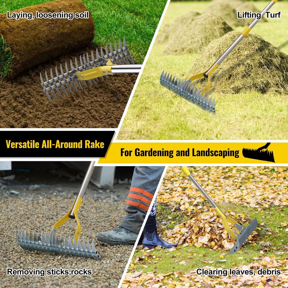 Garden Leaf Rake: Dual Function Thatching Rake for Lawn Dead Grass Silver