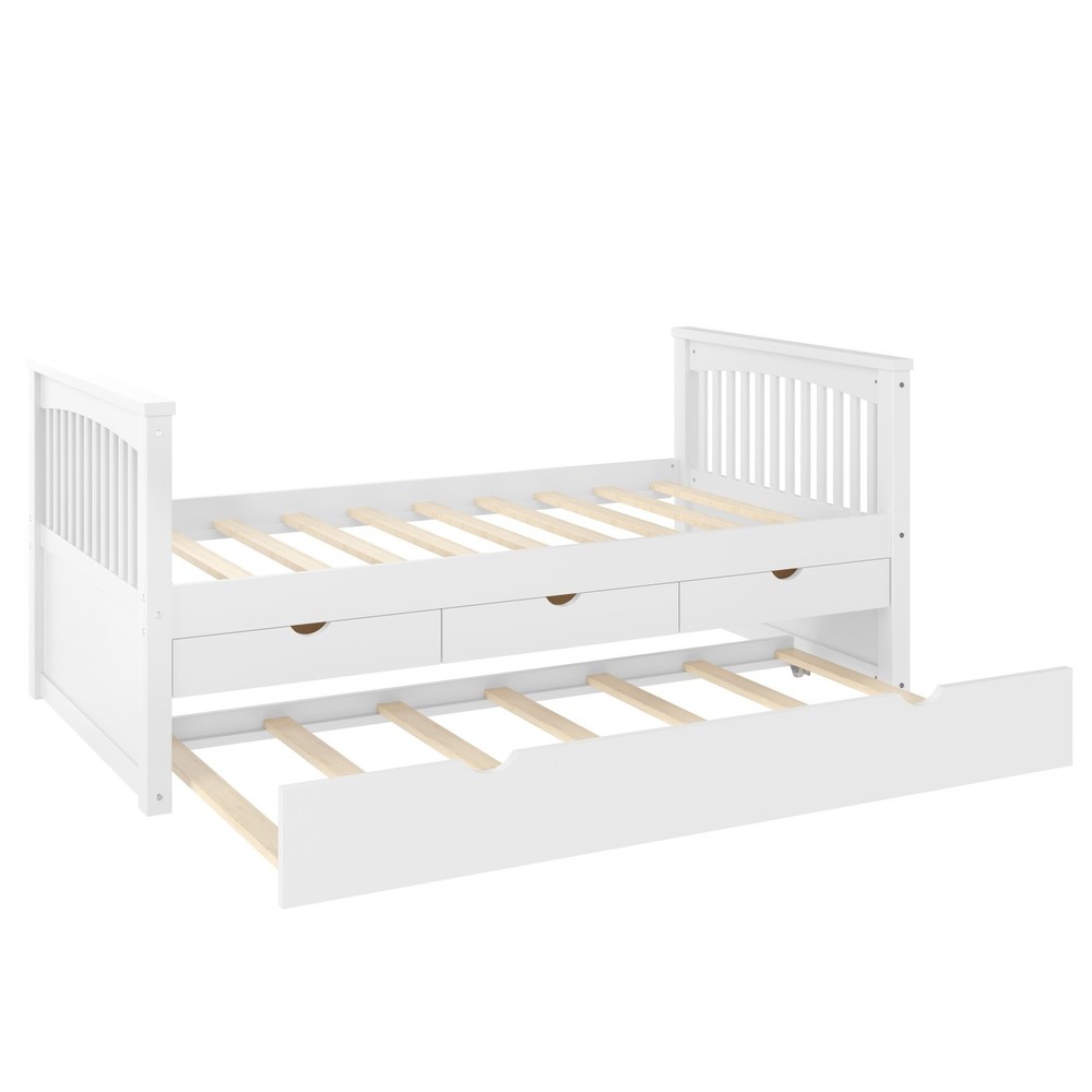 Modern Twin Size Solid Wood Platform Bed Frame Daybed with Trundle and 3 Drawers