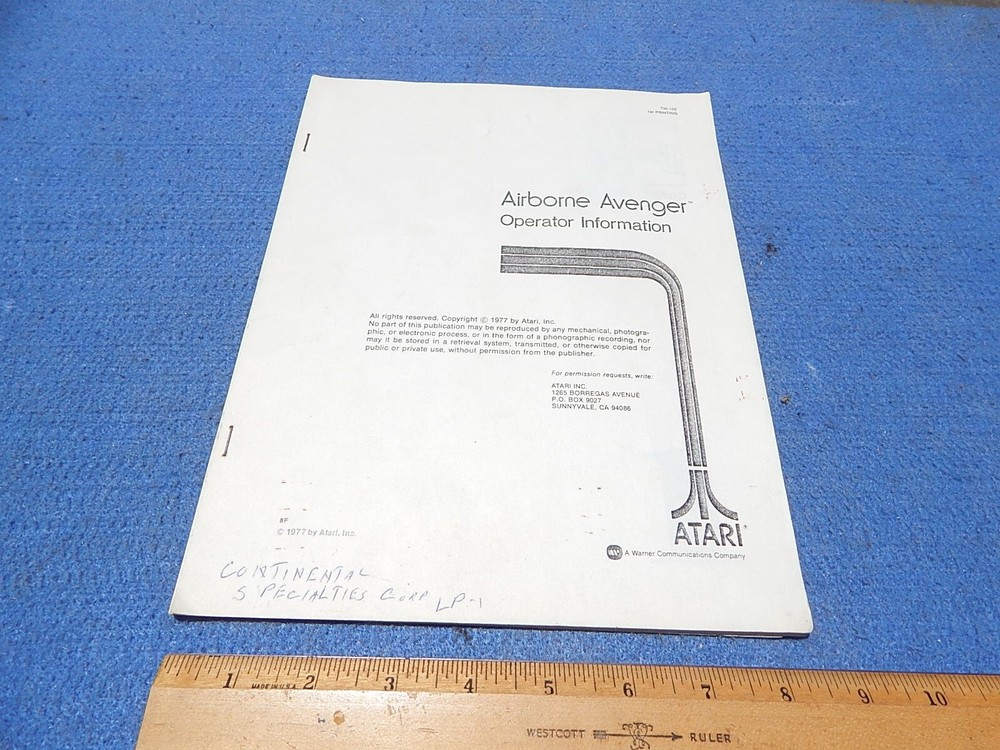 1977 Atari AIRBORNE AVENGER Operator Information (reprint or copy)