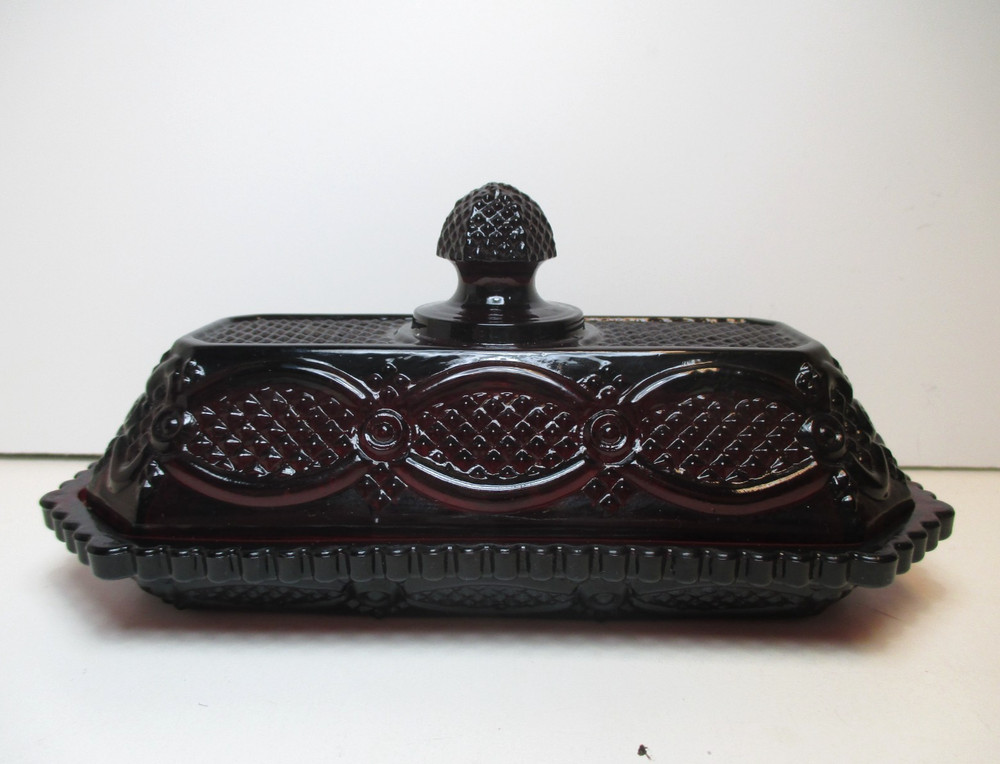Vtg Avon 1876 Cape Cod Collection Ruby Red Covered Butter Dish w/ Original Box