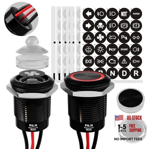 2-Pack 19mm LED Latching Push Button Switch, 12V-24V Black shell-Latching Red