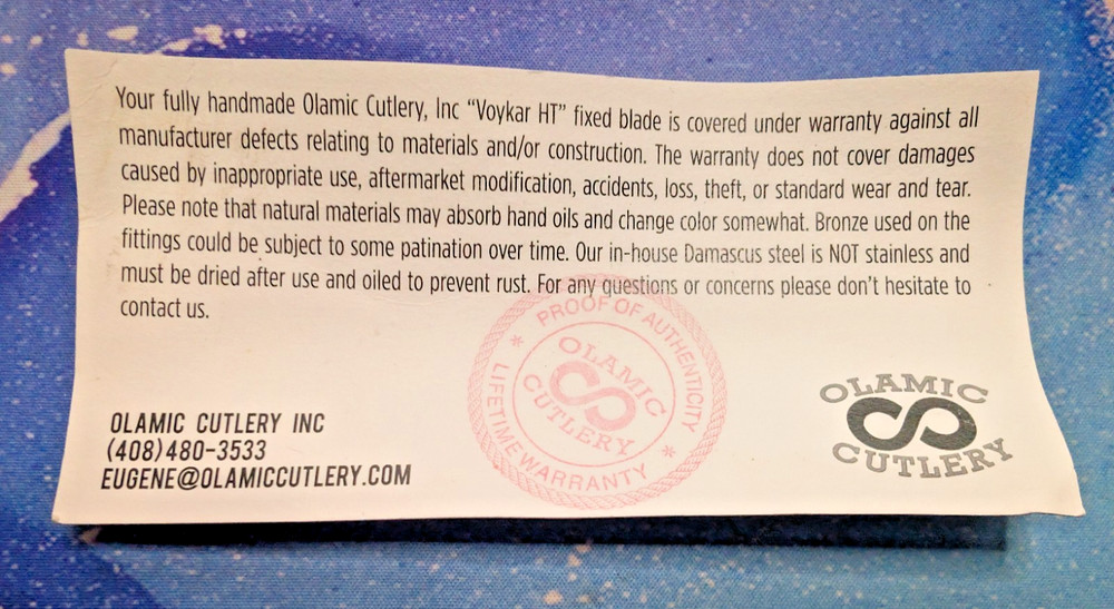 Handmade Voykar HT Damascus Birch Bark Olamic Fixed Blade Knife