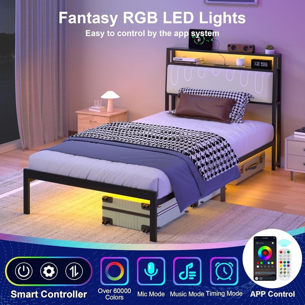 Twin Bed Frame LED Lights USB Charging Upholstered Headboard Metal