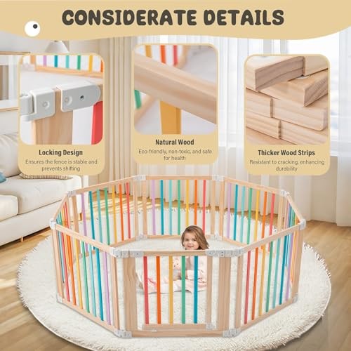 Baby Wooden Playpen, Foldable Shape & Size Adjustable 8 Panel Multicolor