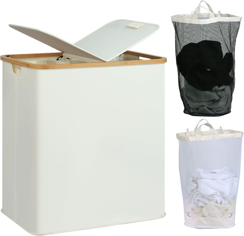 Laundry Hamper with Lid, Double Laundry Hamper with 2 Removable Bags, 2 Secti...