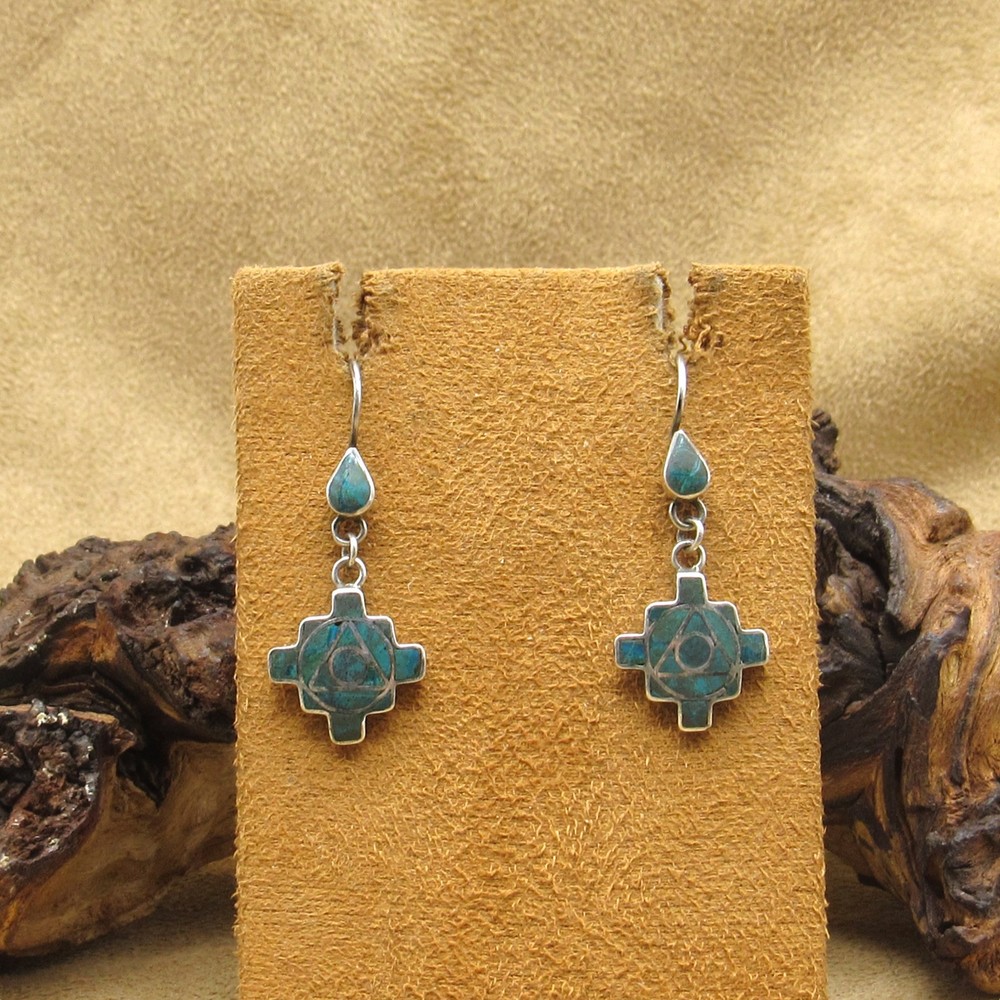 950 Silver Chip Inlay Turquoise Wire Dangle Earrings
