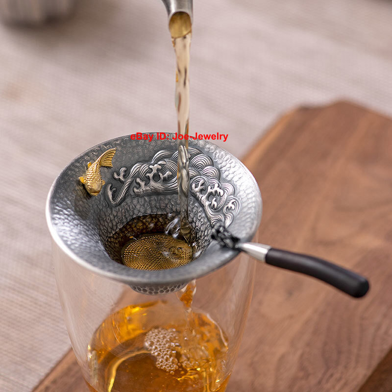 Solid 999 Fine Silver Tea Strainer Plum Blossom Handle Infuser for Leaf Tea
