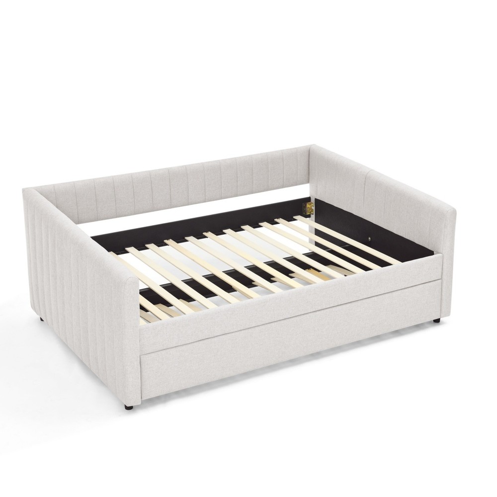 Full Daybed Modern Linen Upholstered Bed Frame Sofa Bed with Pull-Out Trundle