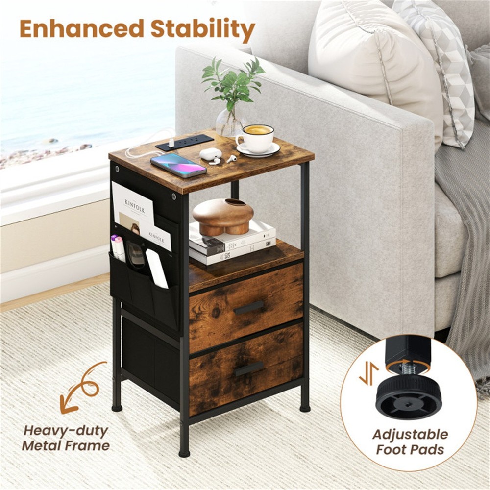 Nightstand with LED Lights & Charging Station 2 Folding Fabric Drawers