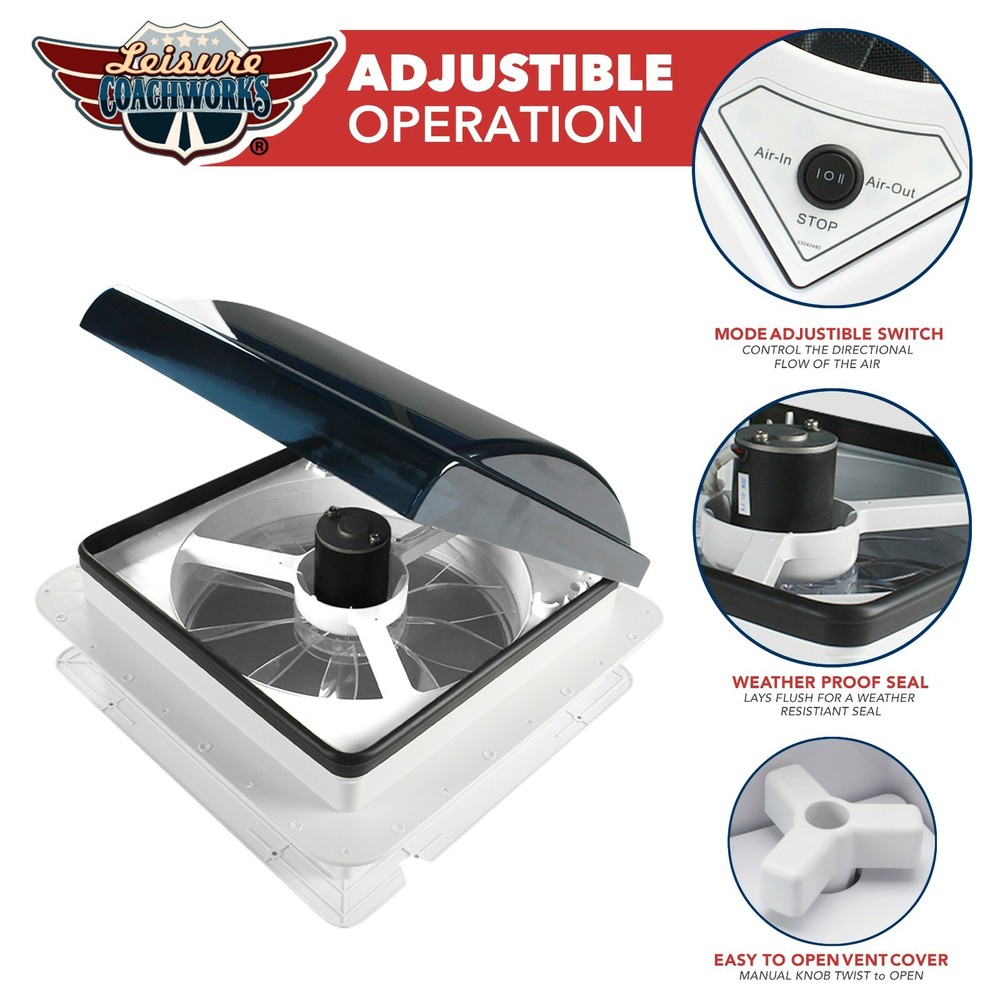 14" RV Camper Roof Vent Fan 12V with 2-WAY FAN Manual Riser Leisure Coachworks