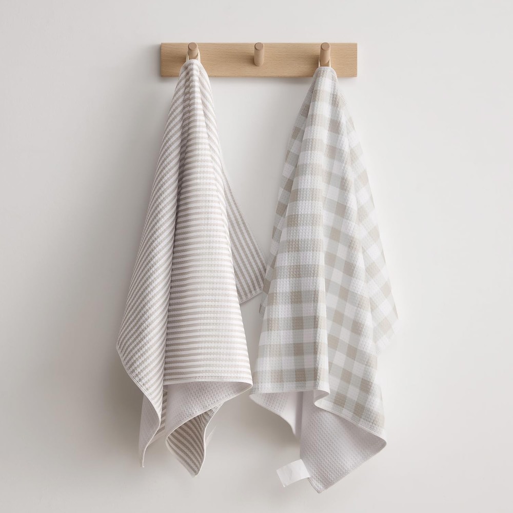 Gingham Stripe Waffle Kitchen Dish Towel Hanging Loop 18x30 Inch 2 PCS