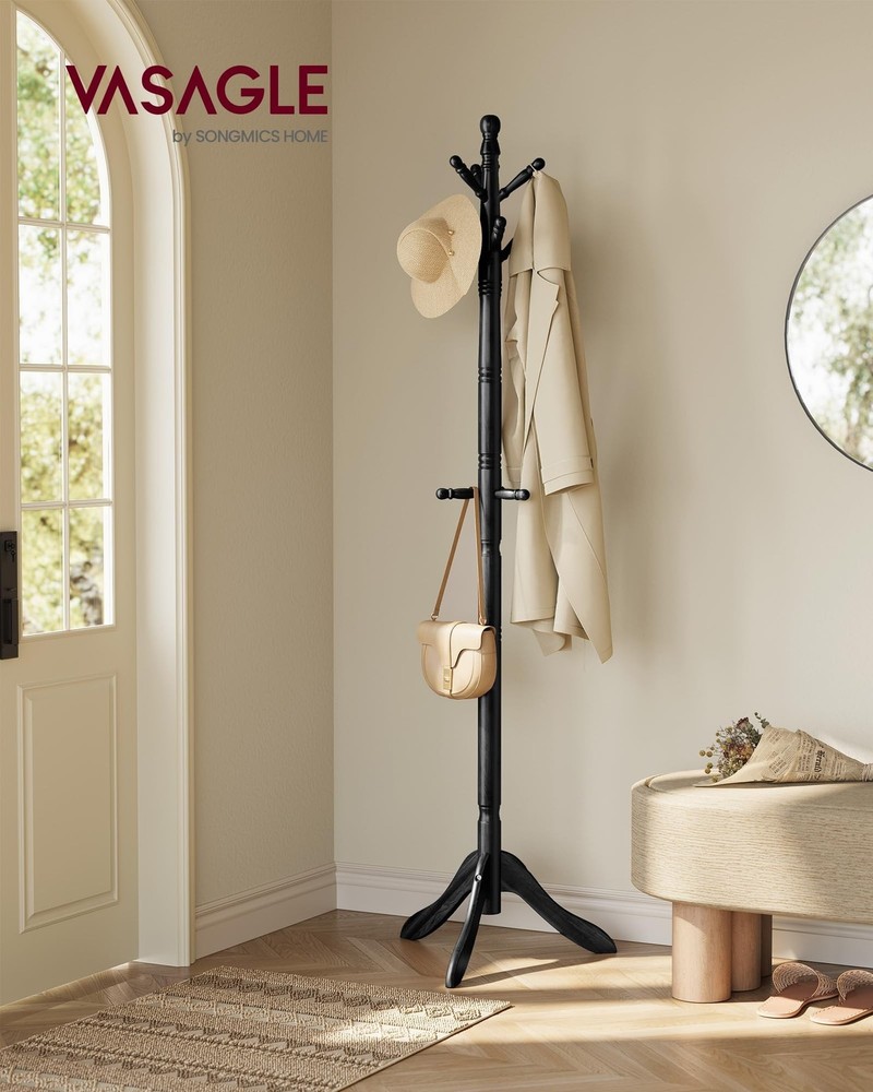 VASAGLE Solid Wood Coat Rack and Stand, Free Standing Hall Coat Tree with 10 ...