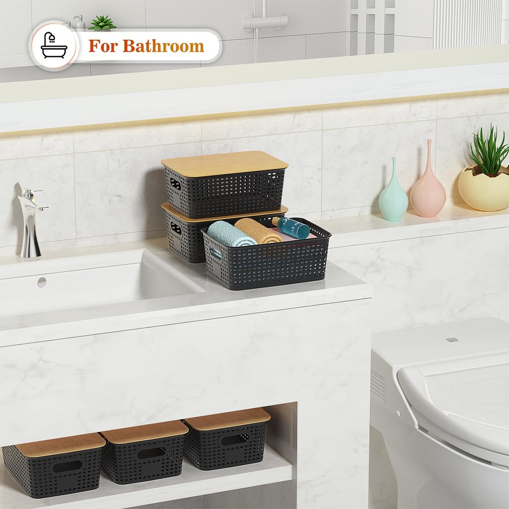 Plastic Storage Baskets With Lid - Plastic Storage Containers Stackable Stora...