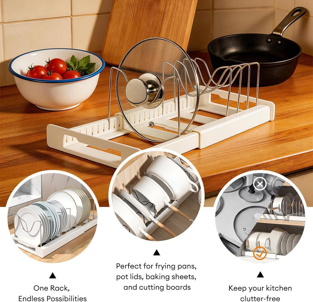 Expandable Pot and Pan Organizer Rack for Cabinet, Adjustable 35-58Cm Kitchen Ca