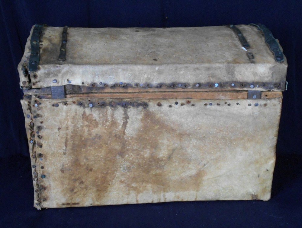 ANTIQUE PRIMITIVE HIDE COVERED DOME TOP TRAVELING TRUNK