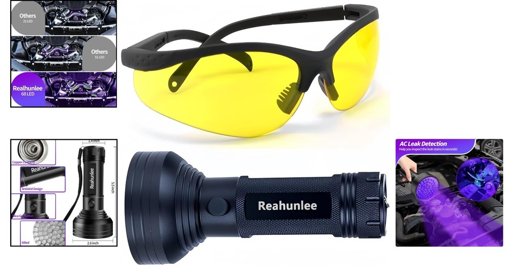 Professional UV Leak Detector Flashlight - 68 LEDs, Includes Glasses, 20 Hours