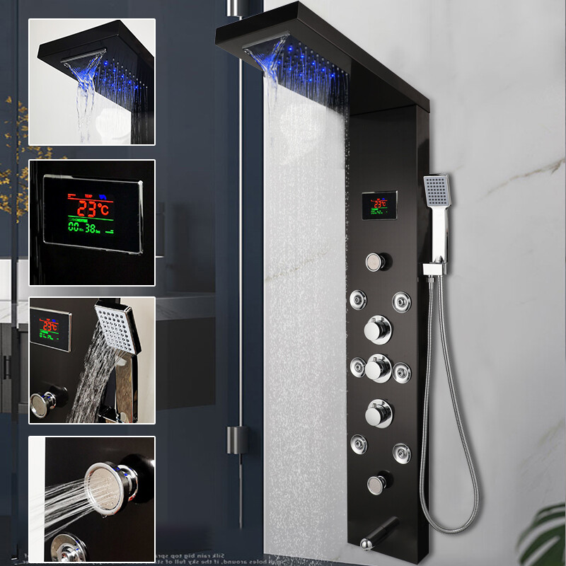 Bathroom Brushed Black ELD Massage Jets Shower Panel Digital Column Faucet Set