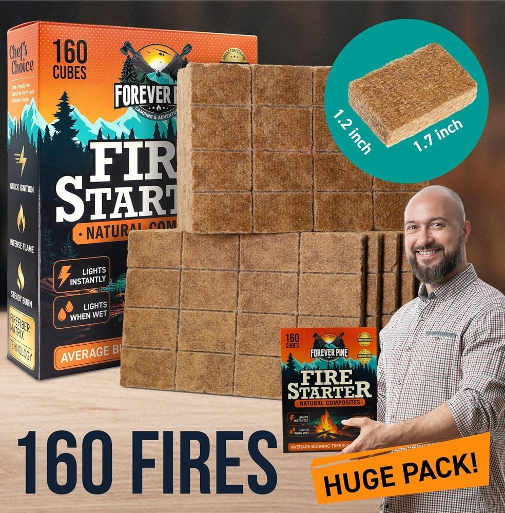 Fire Starter Cubes, 160 pcs - Value Pack - Firestarter Squares for Fireplace,...