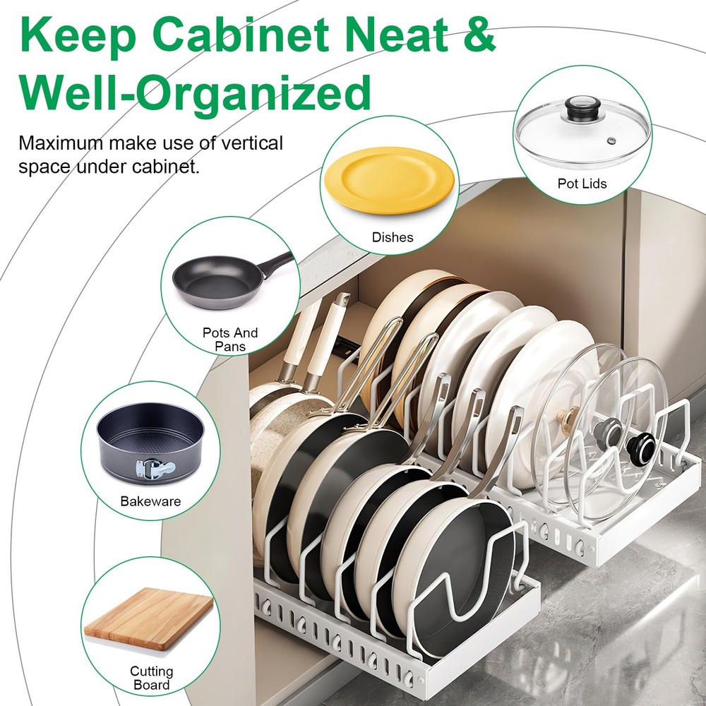 Pots and Pans Pot Lid Holder Pull out Storage Rack Kitchen Cabinet Organizer
