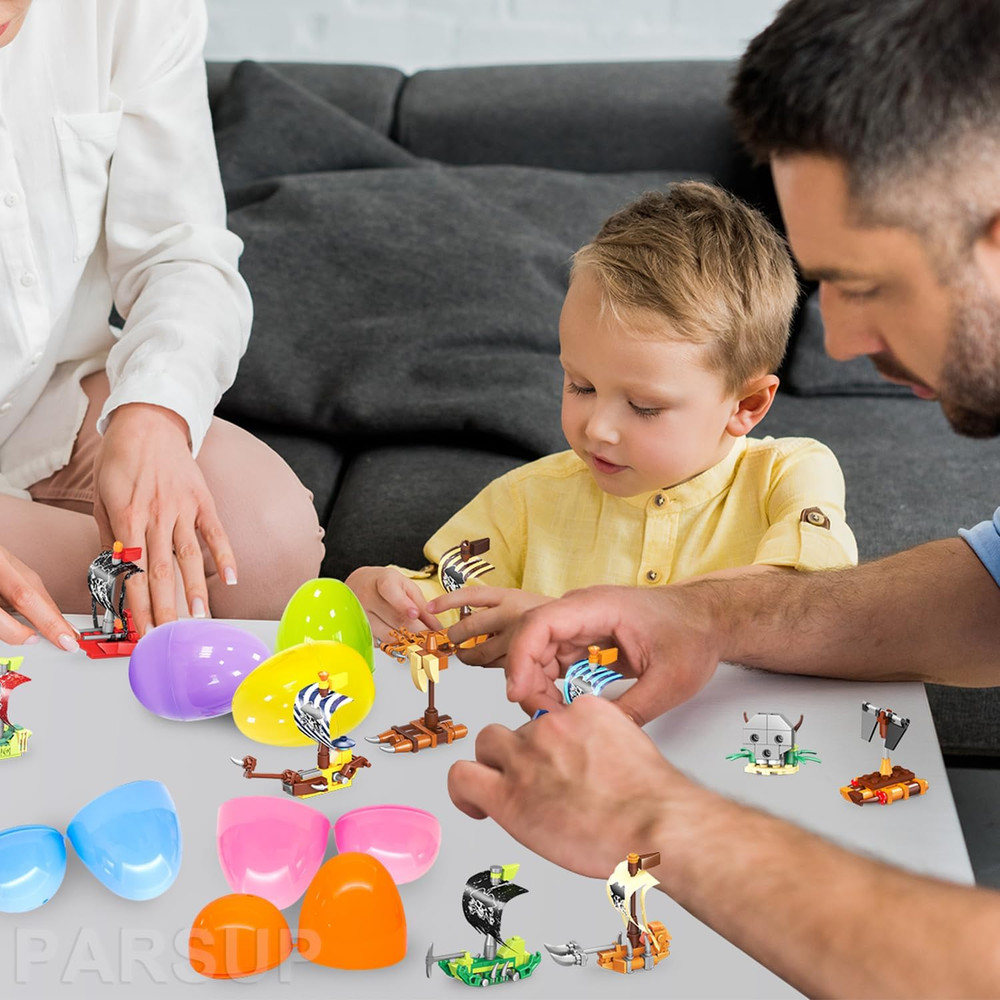 12 Pack Easter Plastic Eggs with Pirate Ship Building Blocks for Easter Theme Pa