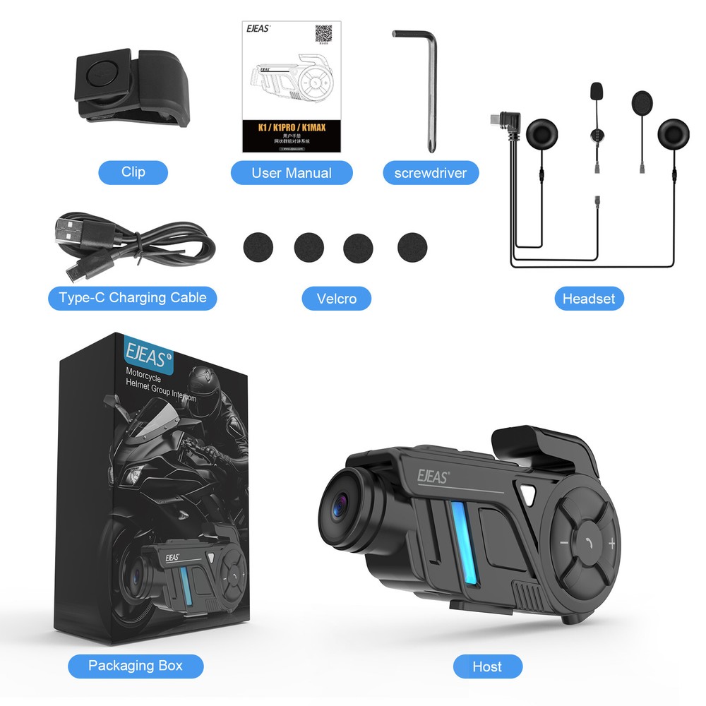 2 Set Motorcycle Bluetooth Mesh Intercom with 2K Camera Recorder for 2 Rider