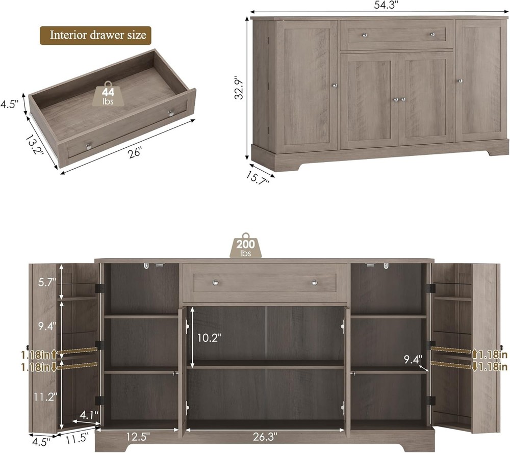 54" Buffet Cabinet with Storage, Modern Kitchen Buffet Sideboard with Drawer
