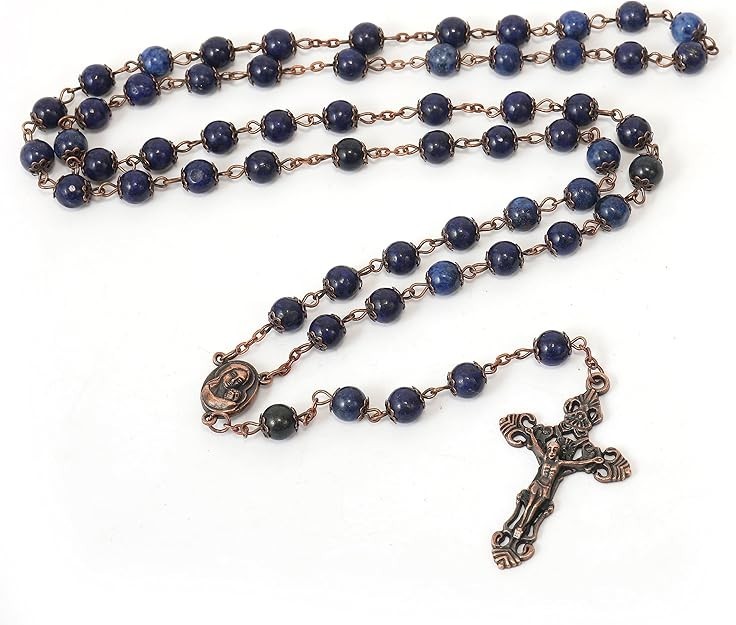 Lapis Lazuli Vintage Design Rosary Natural Stone Beads Necklace Holy Soil Medal