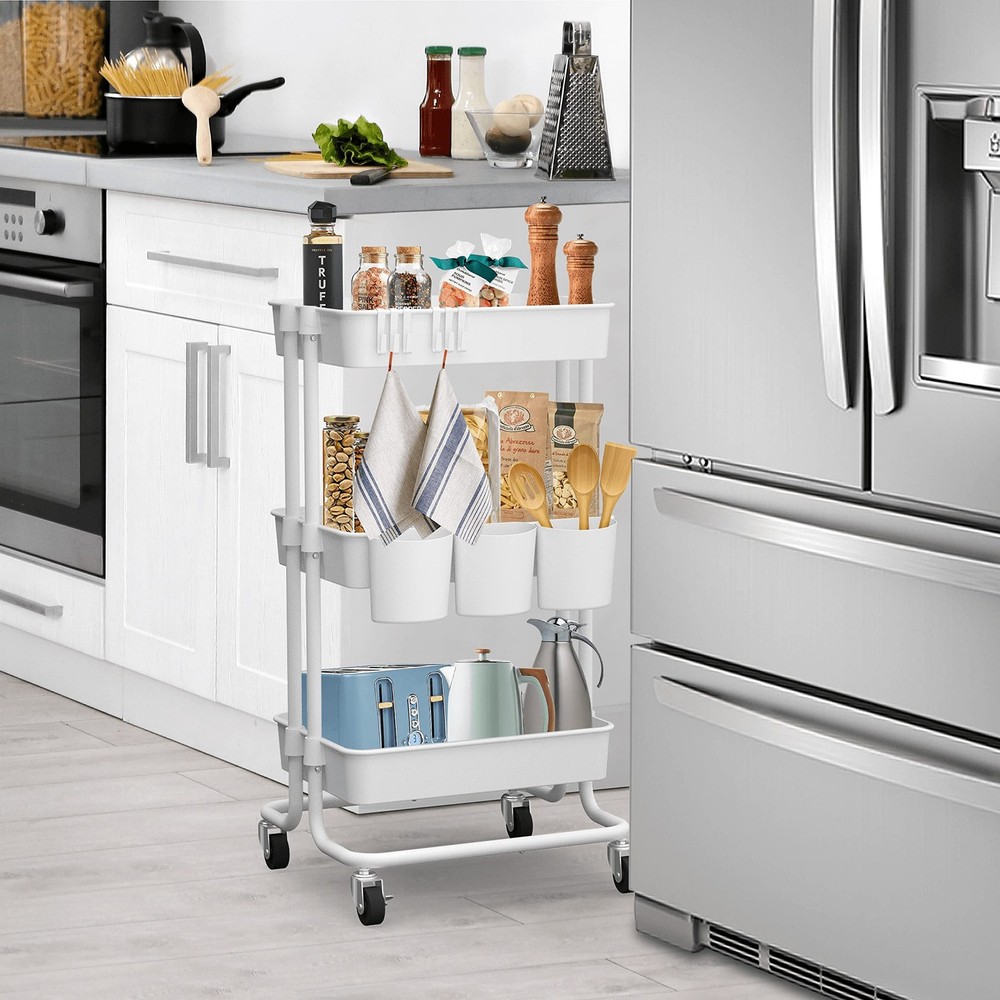 CAXXA 3-Tier Rolling Storage Organizer with 3 Small Baskets - Mobile Utility ...